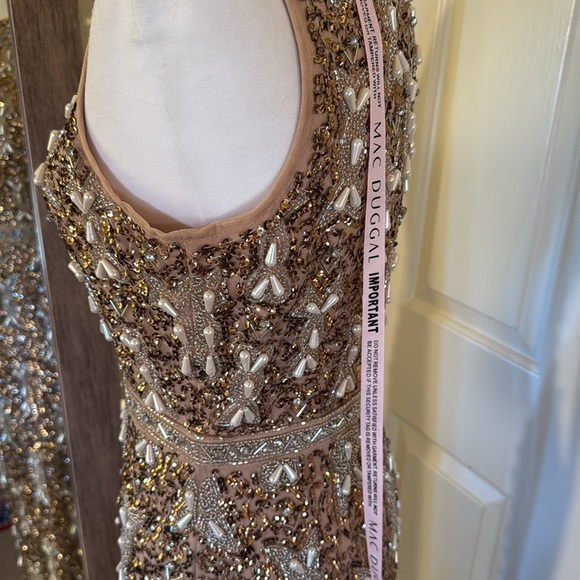 MAC DUGGALBeige Embellished High Neck Sleeveless A Line Dress